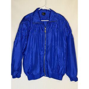 FUDA International Vintage 100% Silk Royal Blue‎ Gold Studs Bomber Jacket Large
